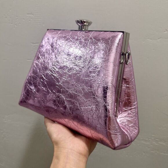 Metallic Pink Genuine Leather Handmade Push Lock Box Bag, Multi Use Style - Picture 12 of 15